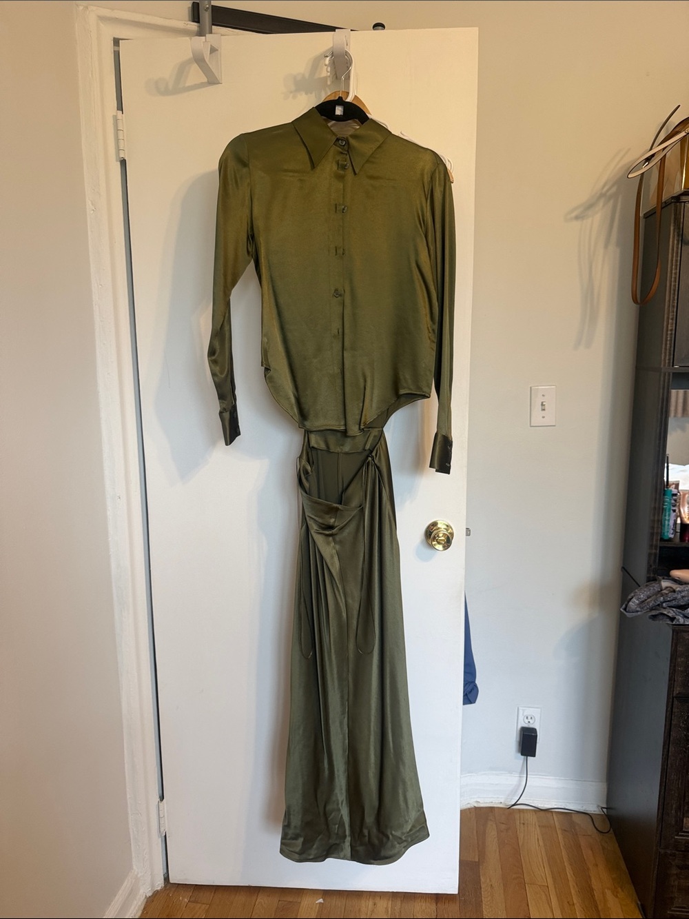 Zara Olive Green Satin Two-Piece Set - Button Front Shirt & Connected Skirt